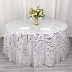Wave Mesh Round Tablecloth With Embroidered Sequins 120" 37 Wave Mesh Round Tablecloth With Embroidered Sequins 120" -Home Decor Promotional Store TAB 02 WAVE 120 SILV D02