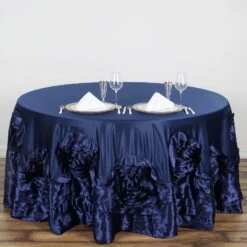 120" Large Rosette Round Lamour Satin Tablecloth -Home Decor Promotional Store TAB 73 120 NAVY 01 04b9bd9b 6ffe 4bf6 93b9 4fcd5d1a0a17