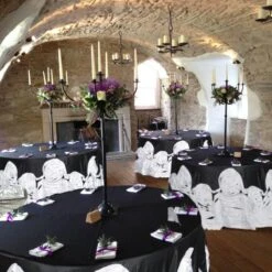 132" Large Rosette Round Lamour Satin Tablecloth -Home Decor Promotional Store TAB 73 132 BLKWH D01