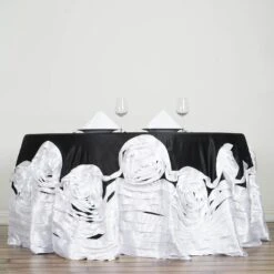 132" Large Rosette Round Lamour Satin Tablecloth -Home Decor Promotional Store TAB 73 132 BLKWH 01
