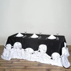 90" X 132" Large Rosette Rectangular Lamour Satin Tablecloth -Home Decor Promotional Store TAB 73 90132 BLKWH D01