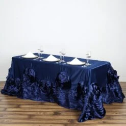 90" X 132" Large Rosette Rectangular Lamour Satin Tablecloth -Home Decor Promotional Store TAB 73 90132 NAVY 01