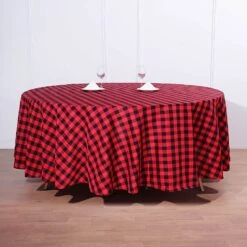 108" | Seamless Buffalo Plaid Round Tablecloth, Checkered Gingham Polyester Tablecloth -Home Decor Promotional Store TAB CHK108 BLKRED 01