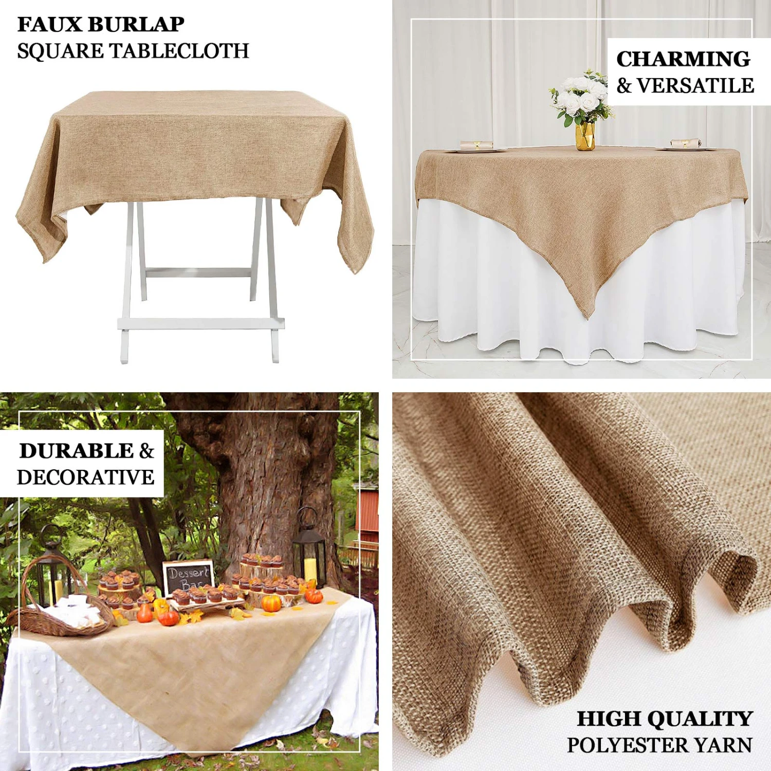54" Natural Jute Faux Burlap Square Tablecloth | Boho Chic Table Decor 2 54" Natural Jute Faux Burlap Square Tablecloth | Boho Chic Table Decor - Image 2