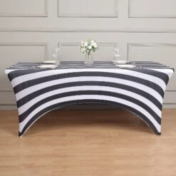 Black/White Striped Spandex Stretch Fitted Rectangular Tablecloth With Foot Pockets - 160GSM Premium Spandex -Home Decor Promotional Store TAB REC SPX6FT 15 BLK D02
