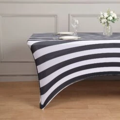 Black/White Striped Spandex Stretch Fitted Rectangular Tablecloth With Foot Pockets - 160GSM Premium Spandex -Home Decor Promotional Store TAB REC SPX6FT 15 BLK D04