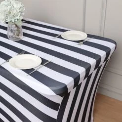 Black/White Striped Spandex Stretch Fitted Rectangular Tablecloth With Foot Pockets - 160GSM Premium Spandex -Home Decor Promotional Store TAB REC SPX8FT 15 BLK D01 7212a5c2 805a 4d92 8f4e 45a442eccef2