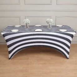 Black/White Striped Spandex Stretch Fitted Rectangular Tablecloth With Foot Pockets - 160GSM Premium Spandex -Home Decor Promotional Store TAB REC SPX8FT 15 BLK D02 62f6a21b 3393 46b3 9caf f0591ae62f5d