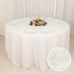 120" Fringe Shag Polyester Round Tablecloth -Home Decor Promotional Store TAB STR02 120 WHT 01
