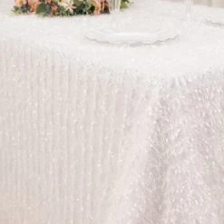 90"x156" Fringe Shag Polyester Rectangular Tablecloth -Home Decor Promotional Store TAB STR02 90156 WHT D01