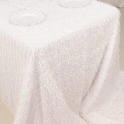 90"x156" Fringe Shag Polyester Rectangular Tablecloth -Home Decor Promotional Store TAB STR02 90156 WHT D02