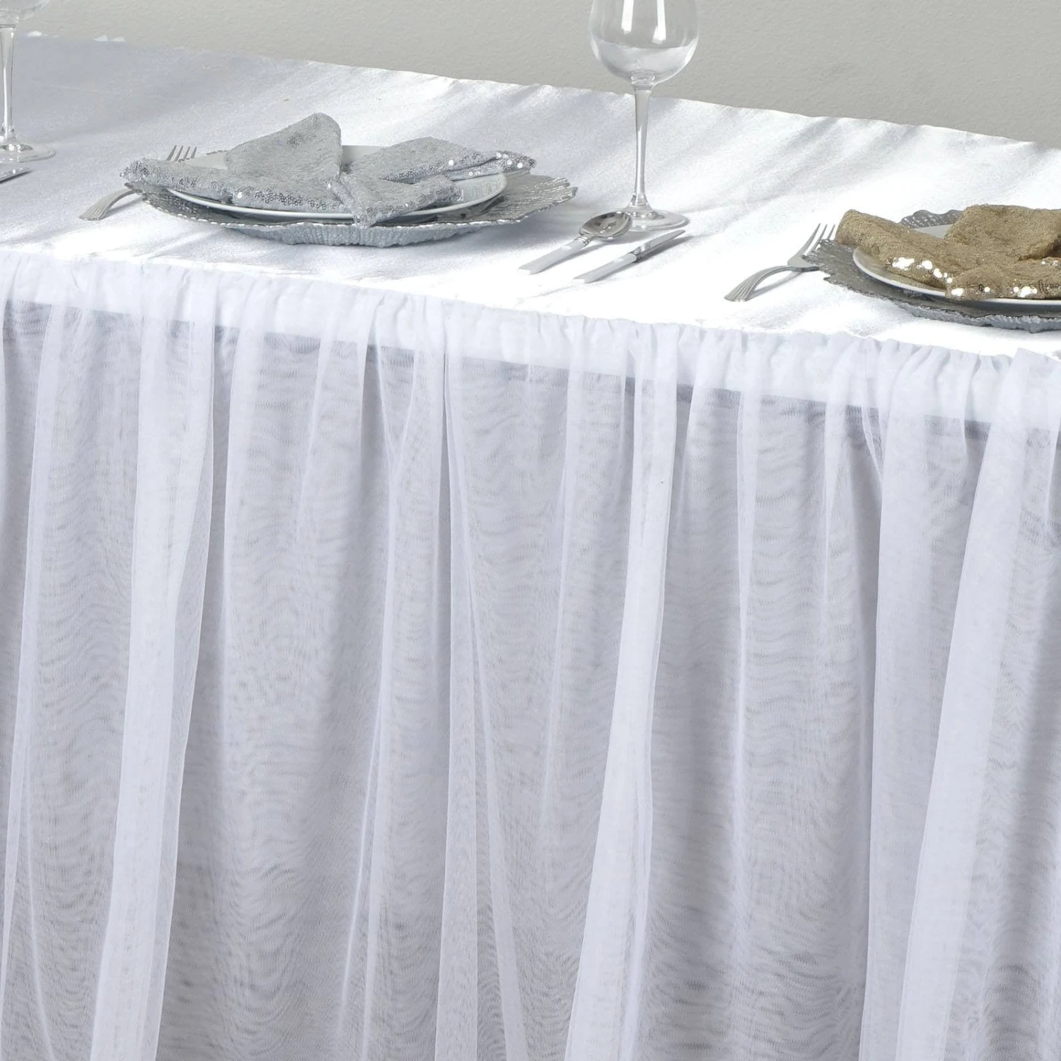 Rectangular White 3 Layer - Skirted Tablecloth - Fitted Tulle Tutu Satin Pleated Table Skirt 6 Rectangular White 3 Layer - Skirted Tablecloth - Fitted Tulle Tutu Satin Pleated Table Skirt - Image 6