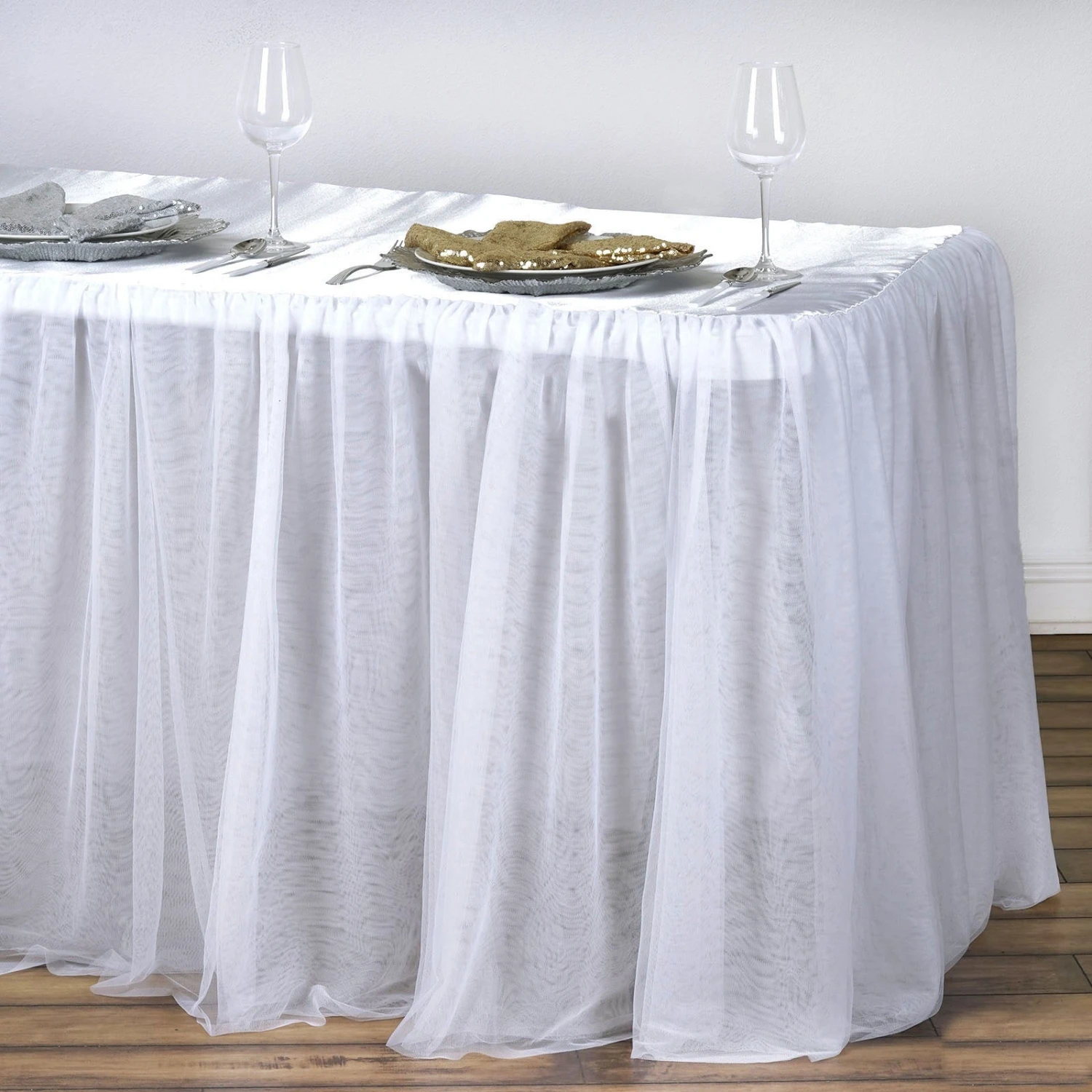 Rectangular White 3 Layer - Skirted Tablecloth - Fitted Tulle Tutu Satin Pleated Table Skirt 3 Rectangular White 3 Layer - Skirted Tablecloth - Fitted Tulle Tutu Satin Pleated Table Skirt - Image 3