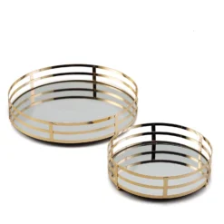 Set Of 2 | Gold Metal Round Mirror Vanity Serving Tray, Decorative Tray - 13" | 9" -Home Decor Promotional Store TRAY006 SET GOLD 99