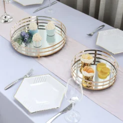 Set Of 2 | Gold Metal Round Mirror Vanity Serving Tray, Decorative Tray - 13" | 9" -Home Decor Promotional Store TRAY006 SET GOLD 01