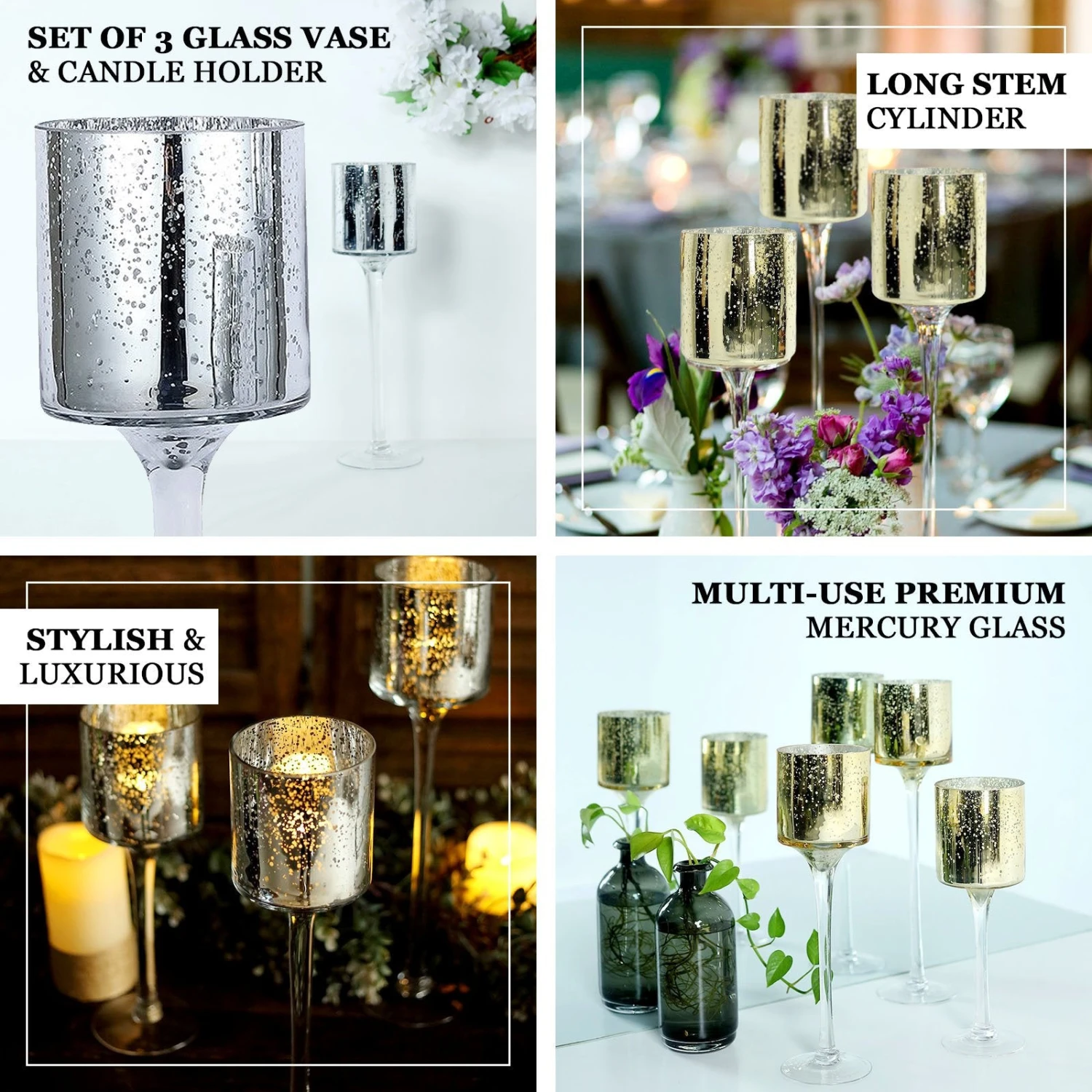 Set Of 3 | Long Stem Speckled Mercury Cylinder Glass Vases, Tealight Candle Holder Set - 12",14",16" 2 Set Of 3 | Long Stem Speckled Mercury Cylinder Glass Vases, Tealight Candle Holder Set - 12",14",16" - Image 2
