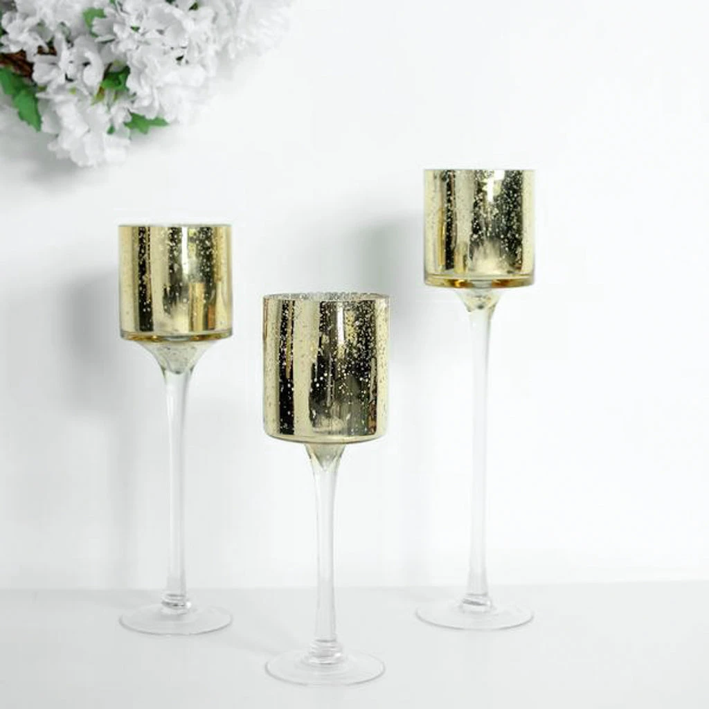 Set Of 3 | Long Stem Speckled Mercury Cylinder Glass Vases, Tealight Candle Holder Set - 12",14",16" 6 Set Of 3 | Long Stem Speckled Mercury Cylinder Glass Vases, Tealight Candle Holder Set - 12",14",16" - Image 6