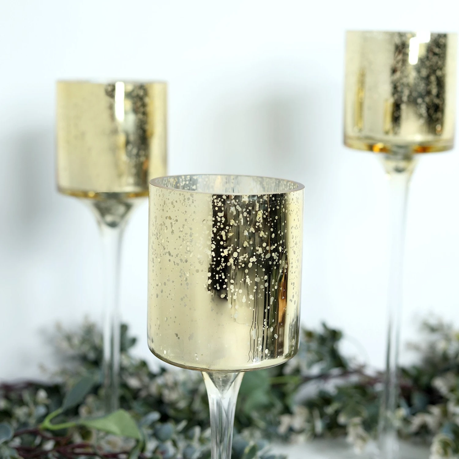 Set Of 3 | Long Stem Speckled Mercury Cylinder Glass Vases, Tealight Candle Holder Set - 12",14",16" 7 Set Of 3 | Long Stem Speckled Mercury Cylinder Glass Vases, Tealight Candle Holder Set - 12",14",16" - Image 7