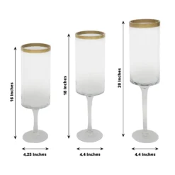 Set Of 3 | Clear Gold Rimmed Long Stem Glass Hurricane Candle Holders, Cylindrical Pedestal Flower Vases - 16", 18", 20" -Home Decor Promotional Store VASE A24 L CLRGD 98