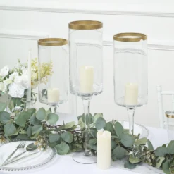 Set Of 3 | Clear Gold Rimmed Long Stem Glass Hurricane Candle Holders, Cylindrical Pedestal Flower Vases - 16", 18", 20" -Home Decor Promotional Store VASE A24 L CLRGD D01