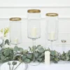 Set Of 3 | Clear Gold Rimmed Long Stem Glass Hurricane Candle Holders, Cylindrical Pedestal Flower Vases - 16", 18", 20"