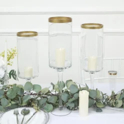 Set Of 3 | Clear Gold Rimmed Long Stem Glass Hurricane Candle Holders, Cylindrical Pedestal Flower Vases - 16", 18", 20"