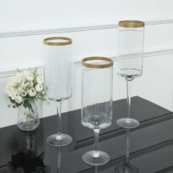 Set Of 3 | Clear Gold Rimmed Long Stem Glass Hurricane Candle Holders, Cylindrical Pedestal Flower Vases - 16", 18", 20" -Home Decor Promotional Store VASE A24 L CLRGD D03
