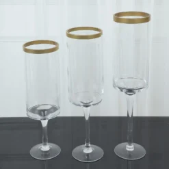 Set Of 3 | Clear Gold Rimmed Long Stem Glass Hurricane Candle Holders, Cylindrical Pedestal Flower Vases - 16", 18", 20" -Home Decor Promotional Store VASE A24 L CLRGD D05