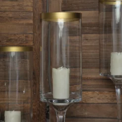 Set Of 3 | Clear Gold Rimmed Long Stem Glass Hurricane Candle Holders, Cylindrical Pedestal Flower Vases - 16", 18", 20" -Home Decor Promotional Store VASE A24 L CLRGD D06