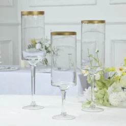Set Of 3 | Clear Gold Rimmed Long Stem Glass Hurricane Candle Holders, Cylindrical Pedestal Flower Vases - 16", 18", 20" -Home Decor Promotional Store VASE A24 L CLRGD 02