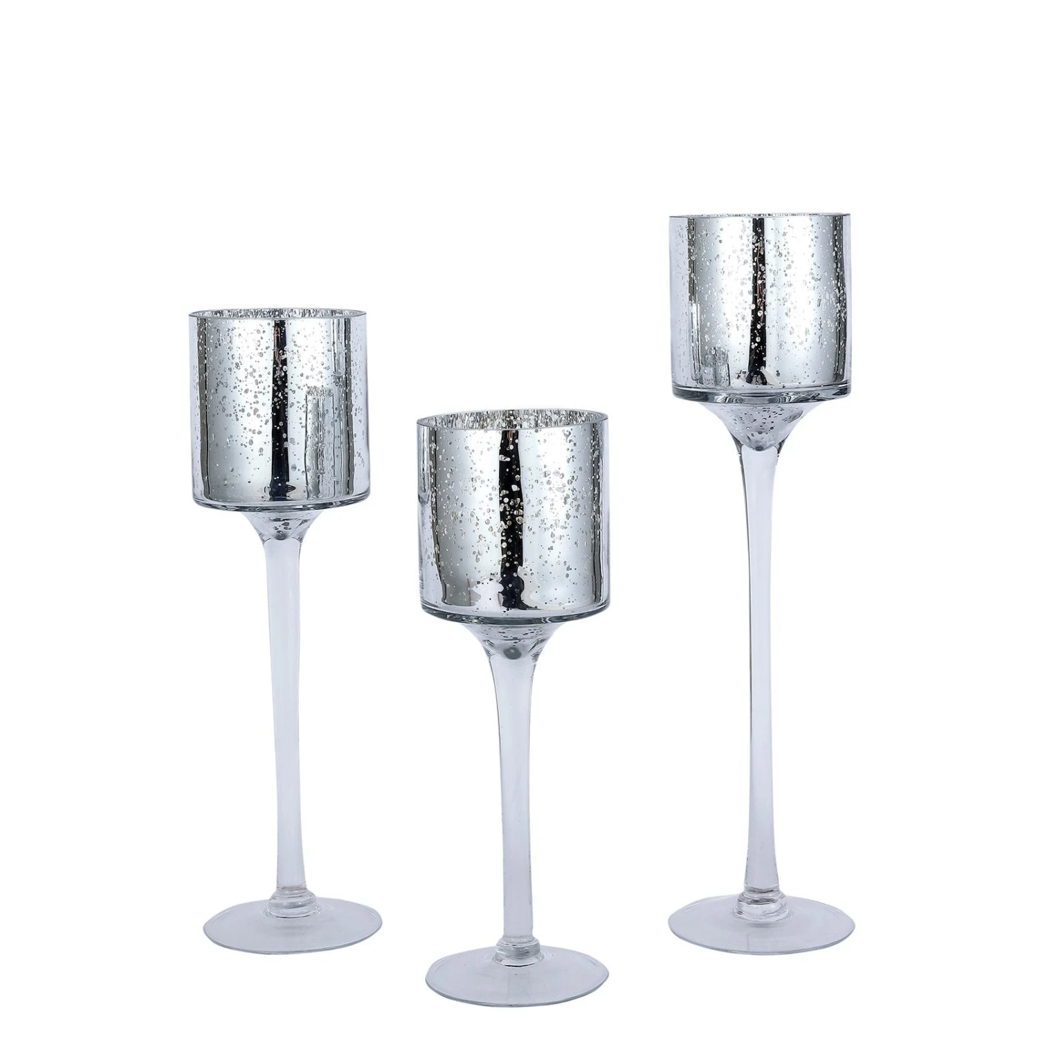 Set Of 3 | Long Stem Speckled Mercury Cylinder Glass Vases, Tealight Candle Holder Set - 12",14",16" 14 Set Of 3 | Long Stem Speckled Mercury Cylinder Glass Vases, Tealight Candle Holder Set - 12",14",16" - Image 14