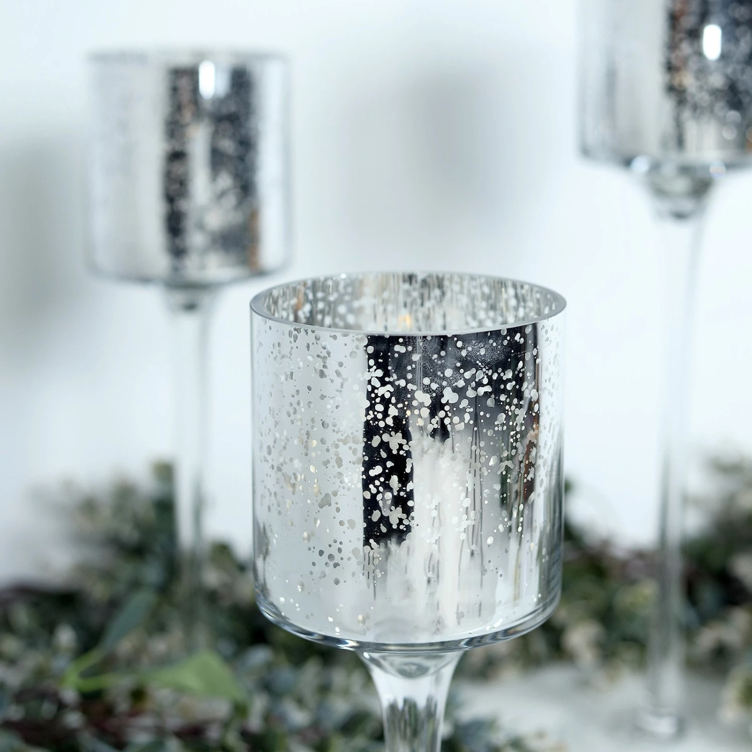 Set Of 3 | Long Stem Speckled Mercury Cylinder Glass Vases, Tealight Candle Holder Set - 12",14",16" 12 Set Of 3 | Long Stem Speckled Mercury Cylinder Glass Vases, Tealight Candle Holder Set - 12",14",16" - Image 12