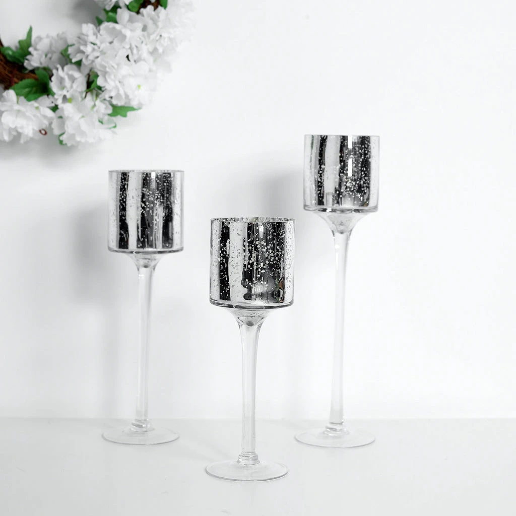 Set Of 3 | Long Stem Speckled Mercury Cylinder Glass Vases, Tealight Candle Holder Set - 12",14",16" 11 Set Of 3 | Long Stem Speckled Mercury Cylinder Glass Vases, Tealight Candle Holder Set - 12",14",16" - Image 11