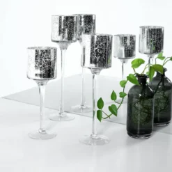 Home Decor Promotional Store 34 Set Of 3 | Long Stem Speckled Mercury Cylinder Glass Vases, Tealight Candle Holder Set - 12",14",16"