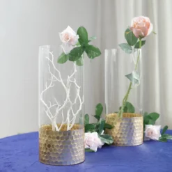 2 Pack - Glass Cylinder Vases With Gold Honeycomb Base - Glass Candle Holder Set