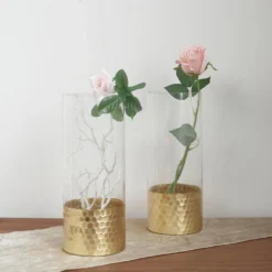 2 Pack - Glass Cylinder Vases With Gold Honeycomb Base - Glass Candle Holder Set -Home Decor Promotional Store VASE A26 12 GOLD D03
