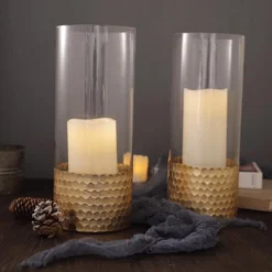 2 Pack - Glass Cylinder Vases With Gold Honeycomb Base - Glass Candle Holder Set -Home Decor Promotional Store VASE A26 12 GOLD 01