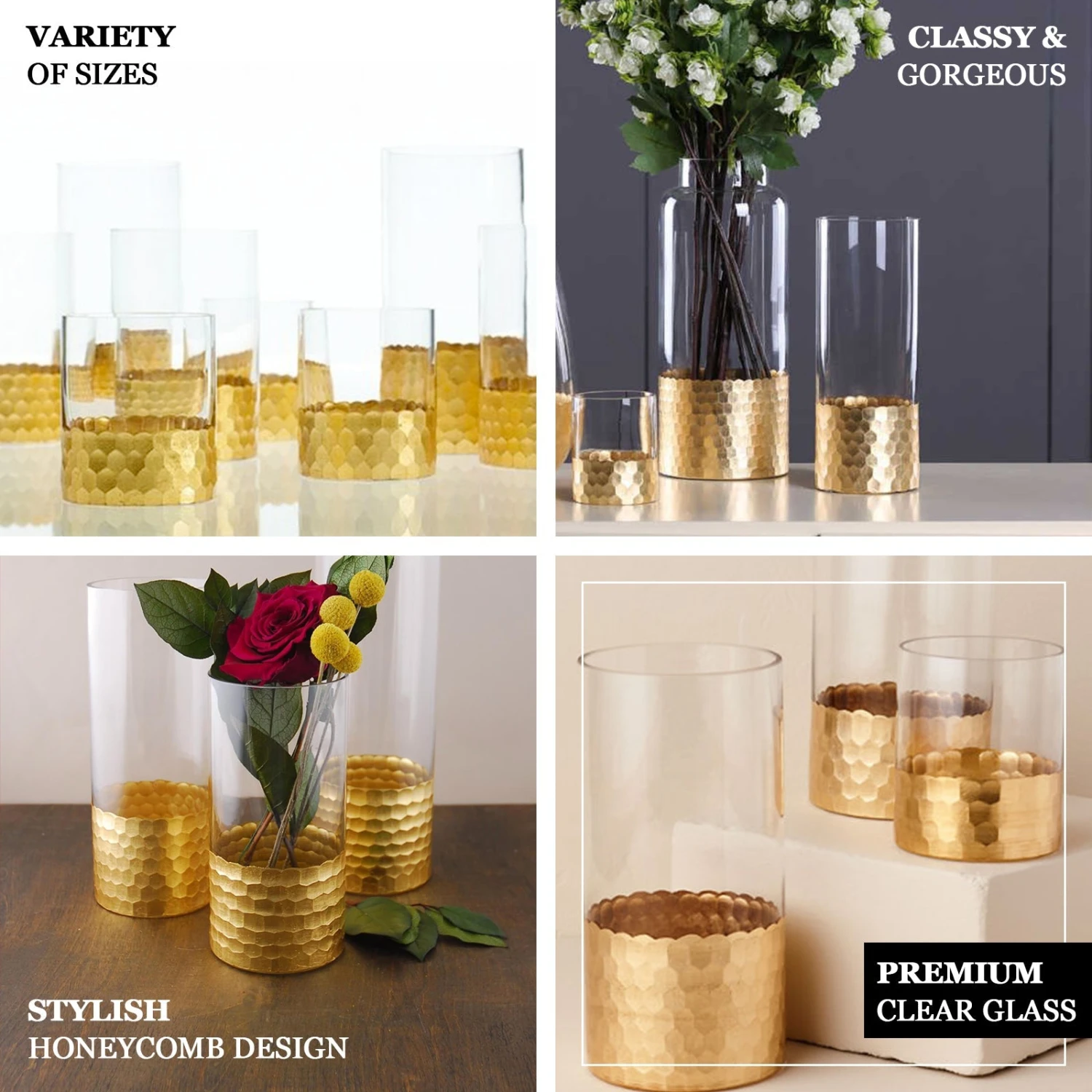 Set Of 3 - Glass Cylinder Vases With Gold Honeycomb Base - Glass Candle Holders - 8", 10", 12" 2 Set Of 3 - Glass Cylinder Vases With Gold Honeycomb Base - Glass Candle Holders - 8", 10", 12" - Image 2