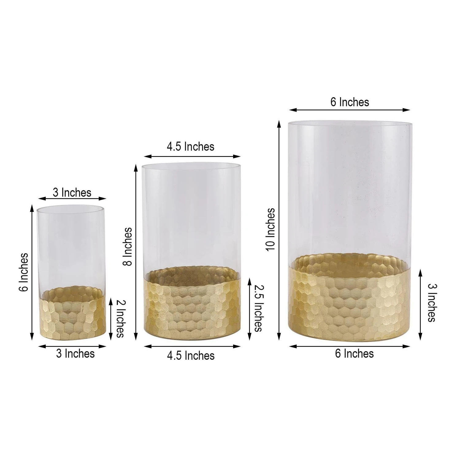 Set Of 3 - Glass Cylinder Vases With Gold Honeycomb Base - Glass Candle Holders - 6", 8", 10" 14 Set Of 3 - Glass Cylinder Vases With Gold Honeycomb Base - Glass Candle Holders - 6", 8", 10" - Image 14