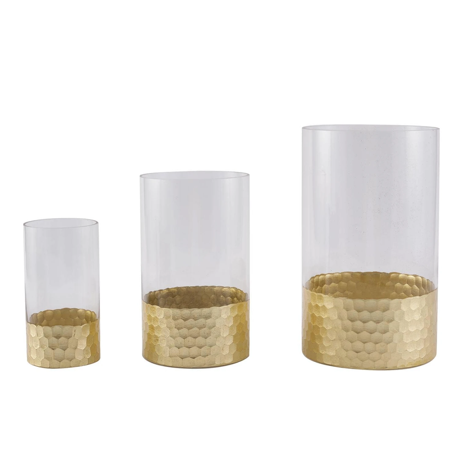 Set Of 3 - Glass Cylinder Vases With Gold Honeycomb Base - Glass Candle Holders - 6", 8", 10" 5 Set Of 3 - Glass Cylinder Vases With Gold Honeycomb Base - Glass Candle Holders - 6", 8", 10" - Image 5