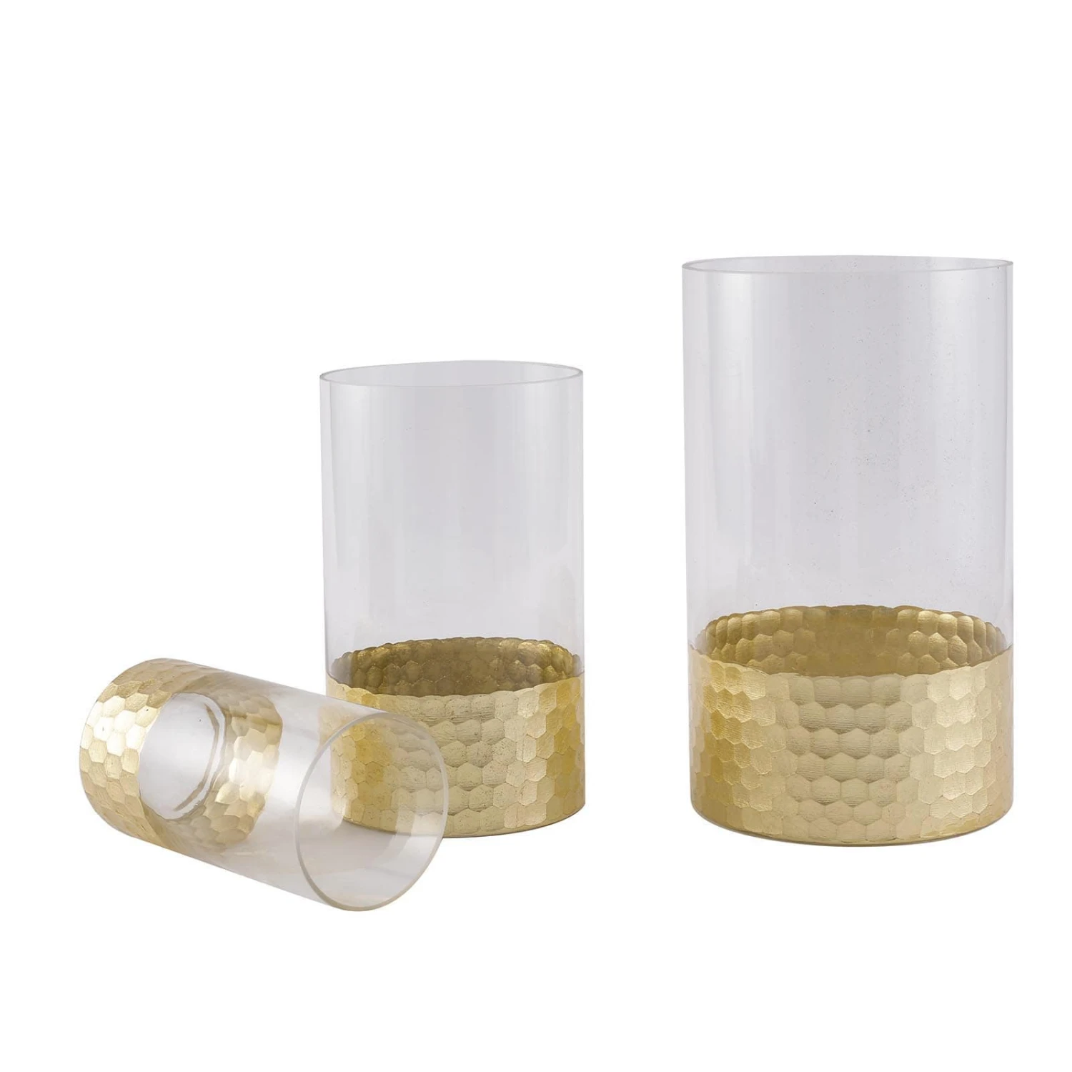 Set Of 3 - Glass Cylinder Vases With Gold Honeycomb Base - Glass Candle Holders - 6", 8", 10" 11 Set Of 3 - Glass Cylinder Vases With Gold Honeycomb Base - Glass Candle Holders - 6", 8", 10" - Image 11