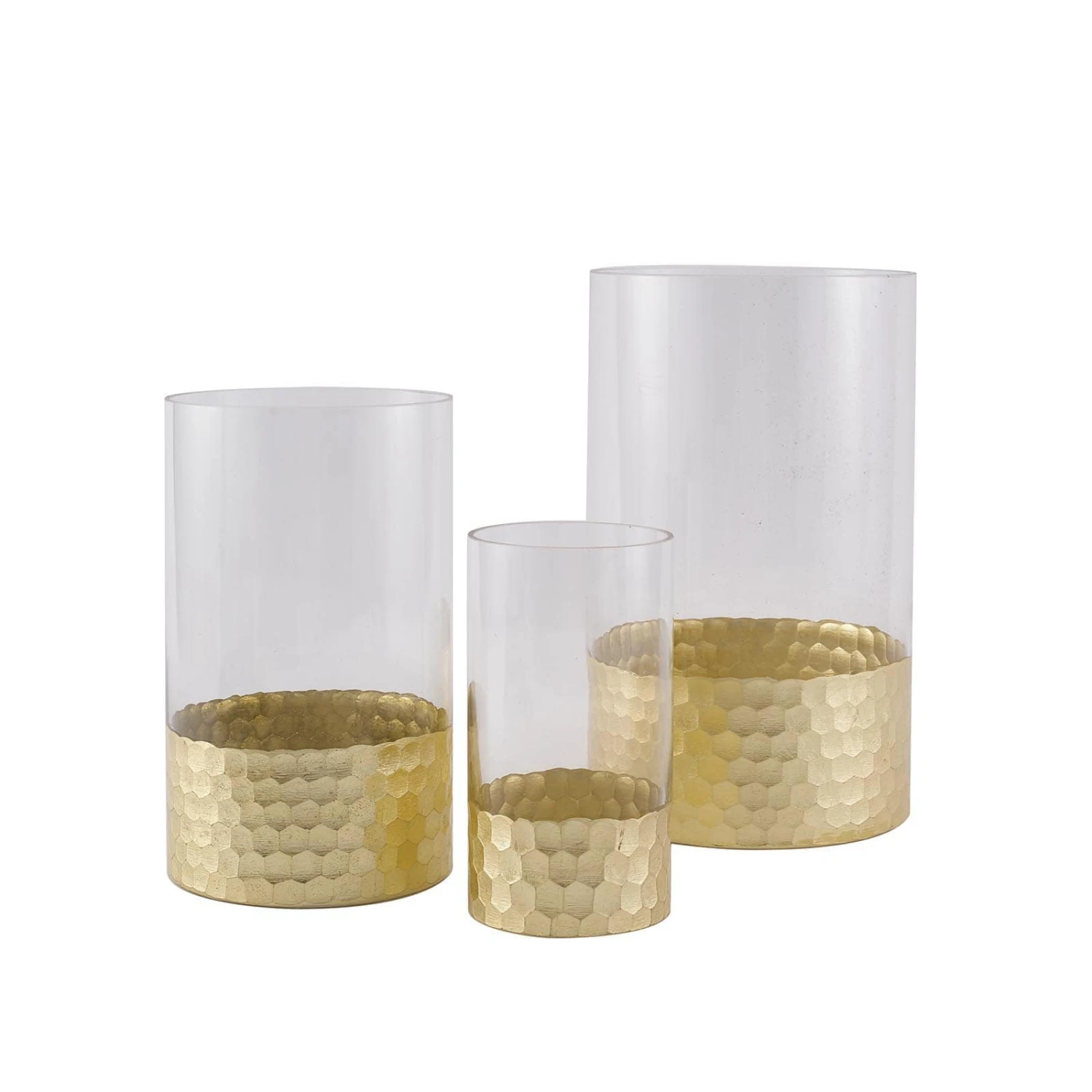 Set Of 3 - Glass Cylinder Vases With Gold Honeycomb Base - Glass Candle Holders - 6", 8", 10" 12 Set Of 3 - Glass Cylinder Vases With Gold Honeycomb Base - Glass Candle Holders - 6", 8", 10" - Image 12