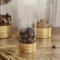 Set Of 3 - Glass Cylinder Vases With Gold Honeycomb Base - Glass Candle Holders - 6", 8", 10" 20 Set Of 3 - Glass Cylinder Vases With Gold Honeycomb Base - Glass Candle Holders - 6", 8", 10" -Home Decor Promotional Store VASE A26 SET01 GOLD D02.progressive 67333f3e 8db1 4702 9525 9e005aaafe0a