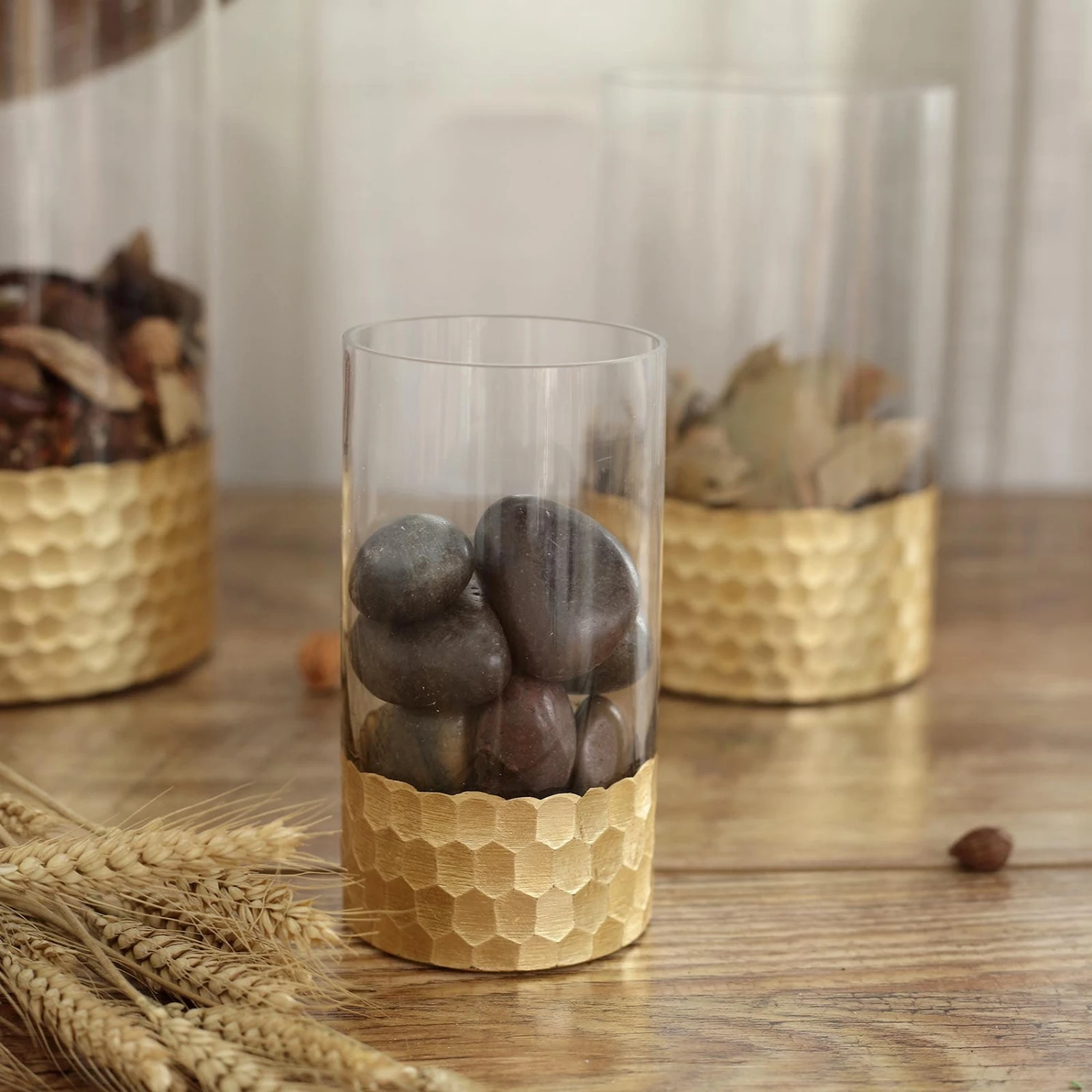 Set Of 3 - Glass Cylinder Vases With Gold Honeycomb Base - Glass Candle Holders - 6", 8", 10" 7 Set Of 3 - Glass Cylinder Vases With Gold Honeycomb Base - Glass Candle Holders - 6", 8", 10" - Image 7