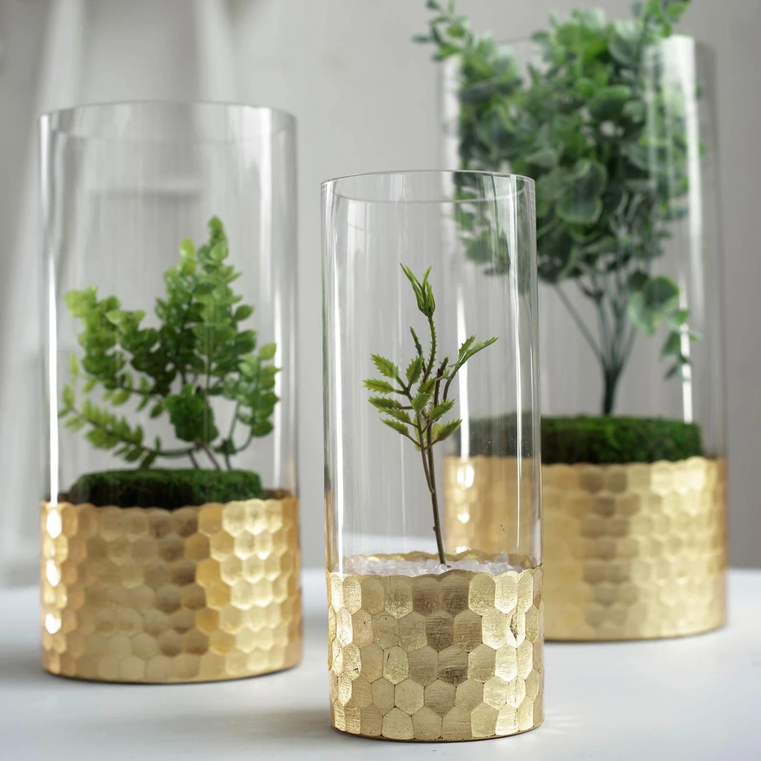 Set Of 3 - Glass Cylinder Vases With Gold Honeycomb Base - Glass Candle Holders - 8", 10", 12" 6 Set Of 3 - Glass Cylinder Vases With Gold Honeycomb Base - Glass Candle Holders - 8", 10", 12" - Image 6