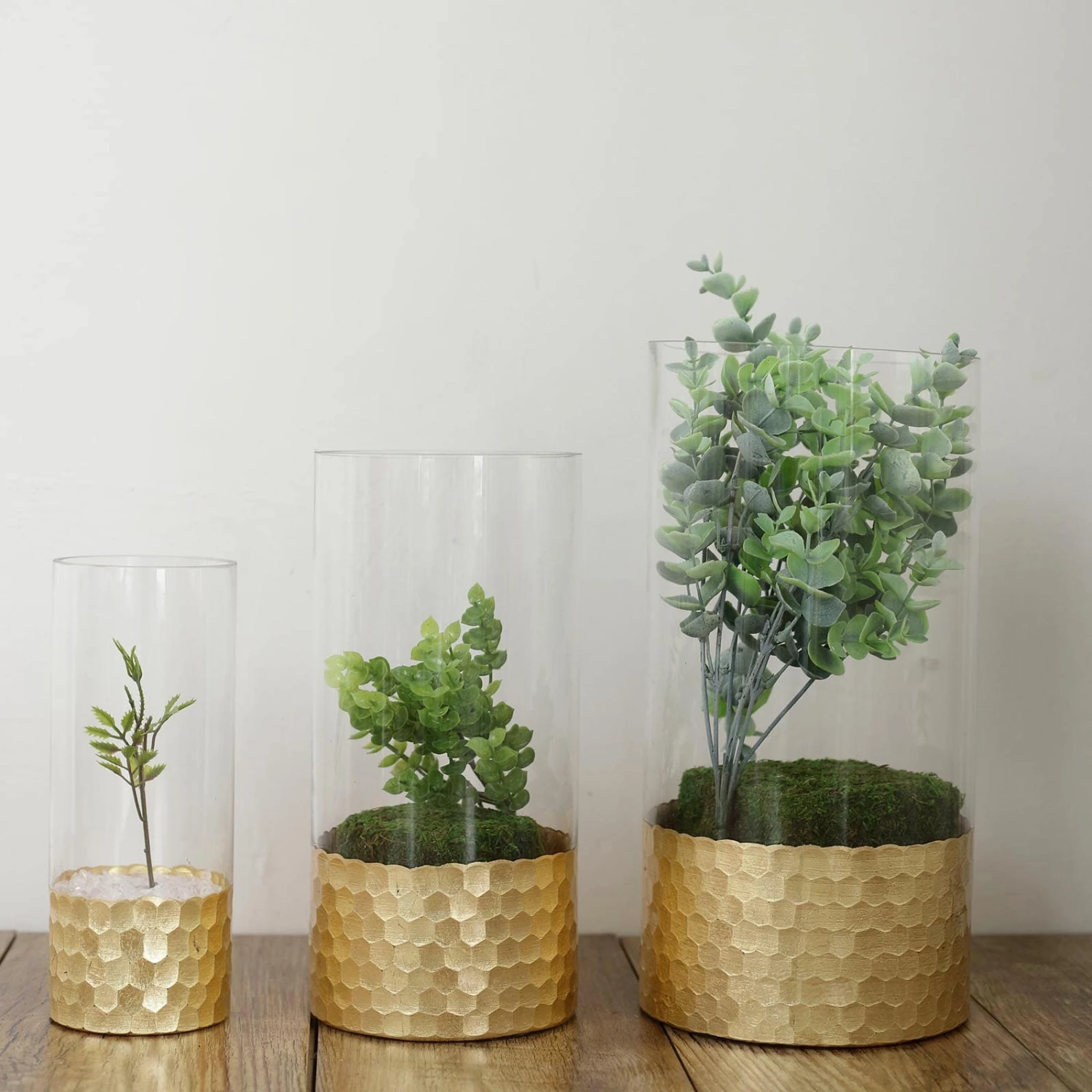 Set Of 3 - Glass Cylinder Vases With Gold Honeycomb Base - Glass Candle Holders - 8", 10", 12" 10 Set Of 3 - Glass Cylinder Vases With Gold Honeycomb Base - Glass Candle Holders - 8", 10", 12" - Image 10