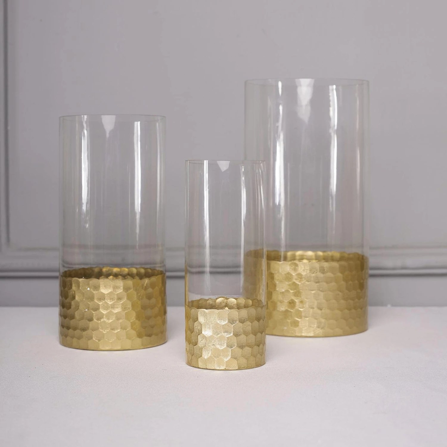 Set Of 3 - Glass Cylinder Vases With Gold Honeycomb Base - Glass Candle Holders - 8", 10", 12" 11 Set Of 3 - Glass Cylinder Vases With Gold Honeycomb Base - Glass Candle Holders - 8", 10", 12" - Image 11
