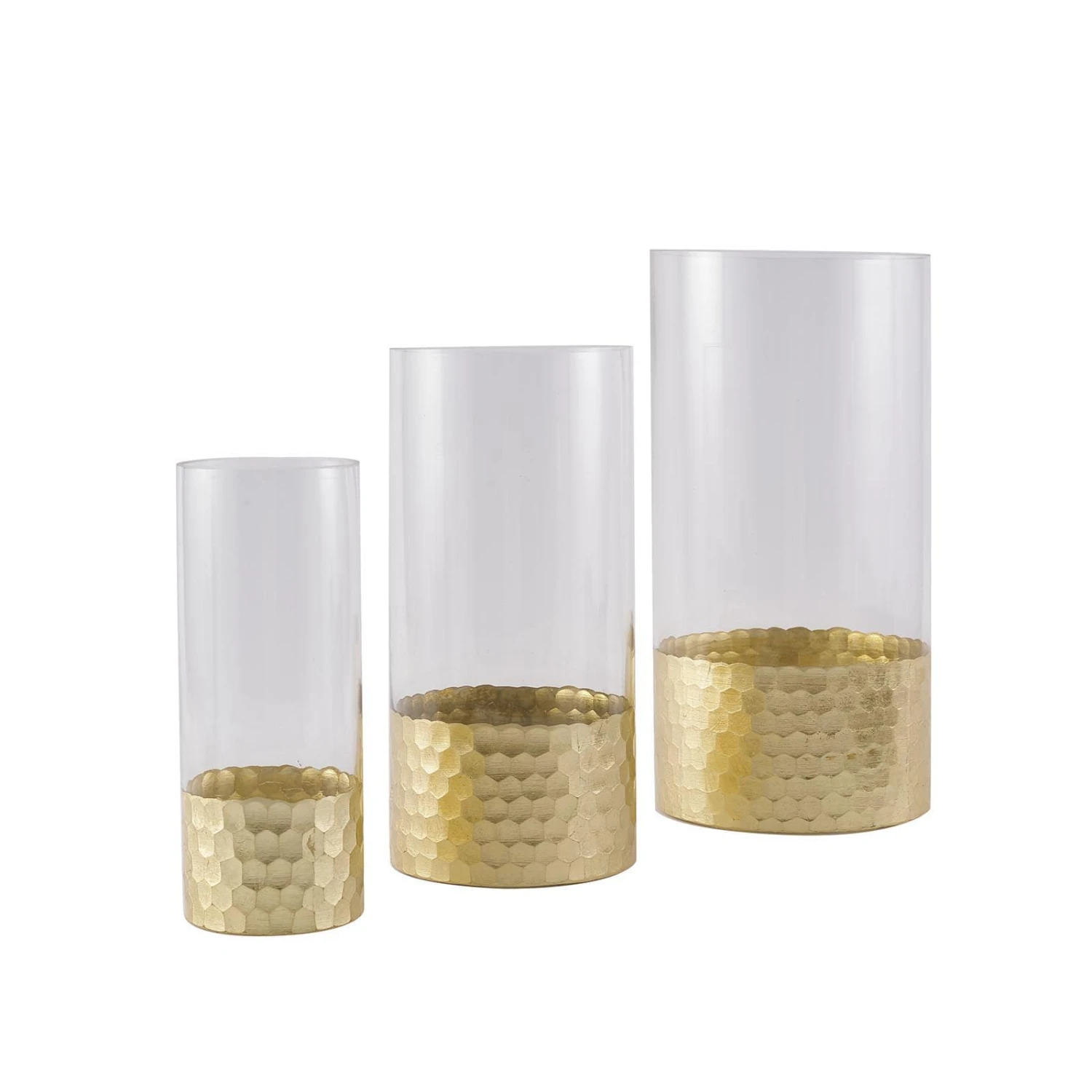 Set Of 3 - Glass Cylinder Vases With Gold Honeycomb Base - Glass Candle Holders - 8", 10", 12" 8 Set Of 3 - Glass Cylinder Vases With Gold Honeycomb Base - Glass Candle Holders - 8", 10", 12" - Image 8