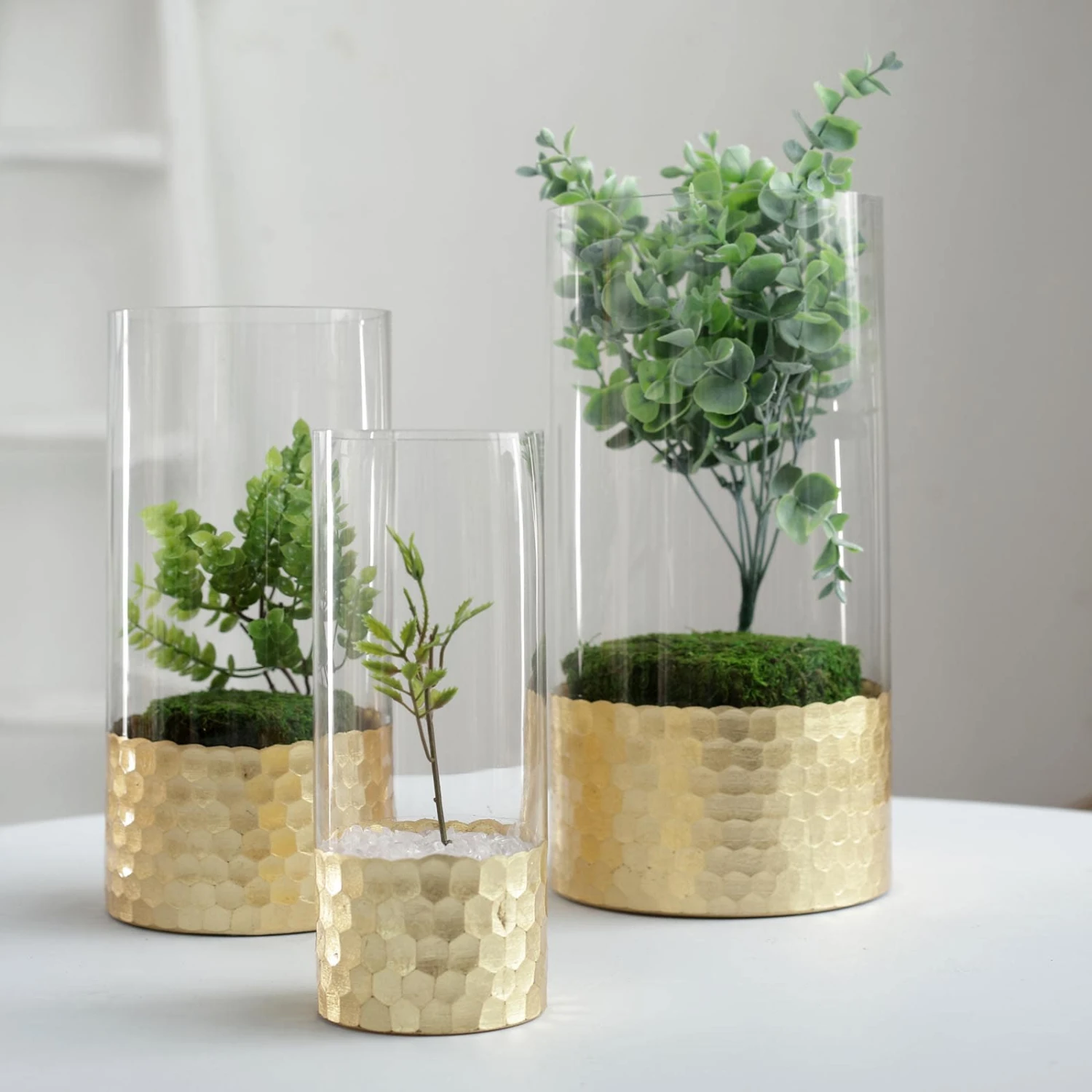 Set Of 3 - Glass Cylinder Vases With Gold Honeycomb Base - Glass Candle Holders - 8", 10", 12" 1 Set Of 3 - Glass Cylinder Vases With Gold Honeycomb Base - Glass Candle Holders - 8", 10", 12"