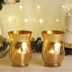 2 Pack | Gold Curvy Bell Shaped Crackle Glass Hurricane Vase, Votive Tealight Candle Holders -Home Decor Promotional Store VASE A27 8 GOLD D10
